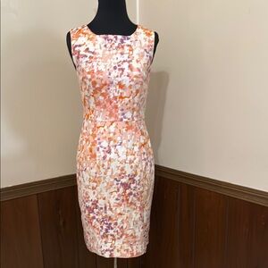 Ann Taylor Orange, pink, purple & White Sheath Dress Sleeveless Scoop Neck Midi